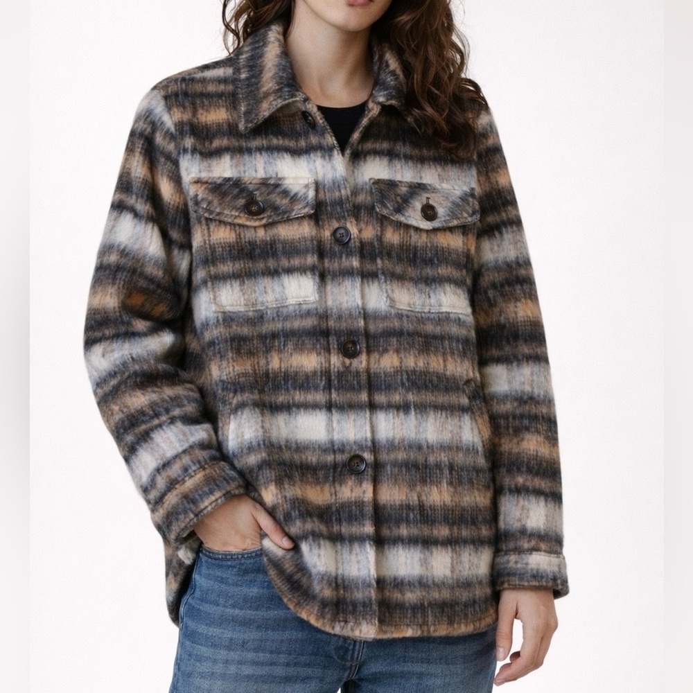 Plaid Shirt Jacket Shacket Utility Jacket Button Front Neutral Colors Large